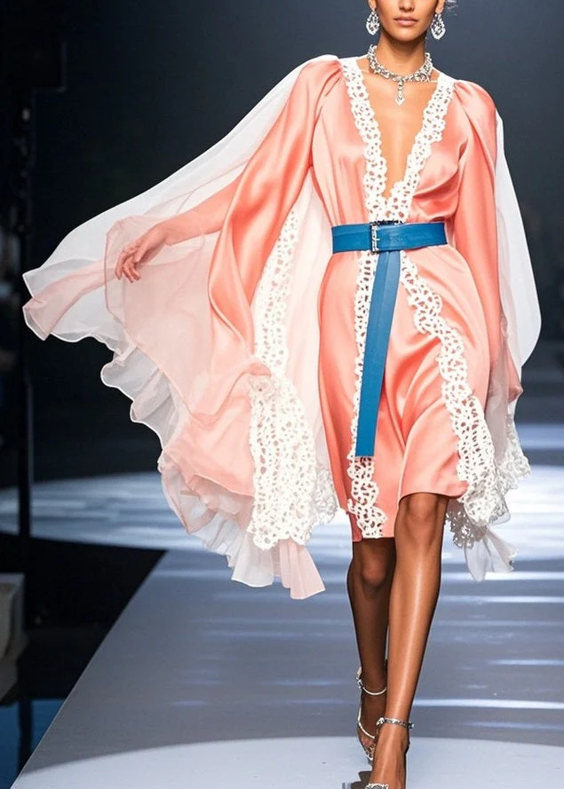 Elegant Pink V Neck Lace Tulle Patchwork Dresses Spring - Image 5