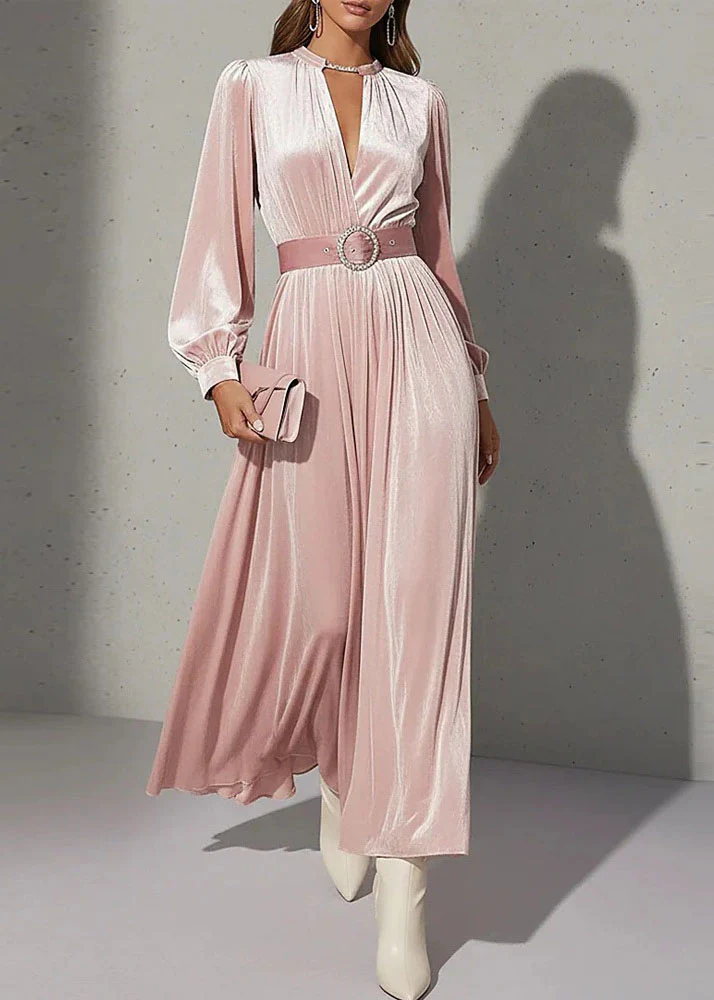 Elegant Pink V Neck Patchwork Velvet Maxi Dress Fall