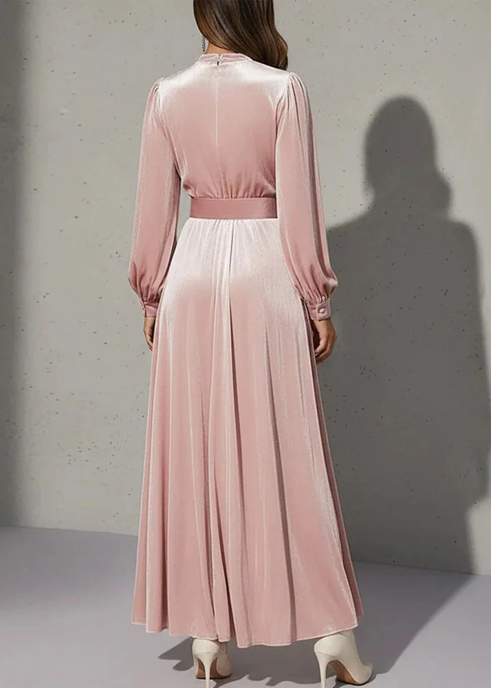 Elegant Pink V Neck Patchwork Velvet Maxi Dress Fall - Image 2