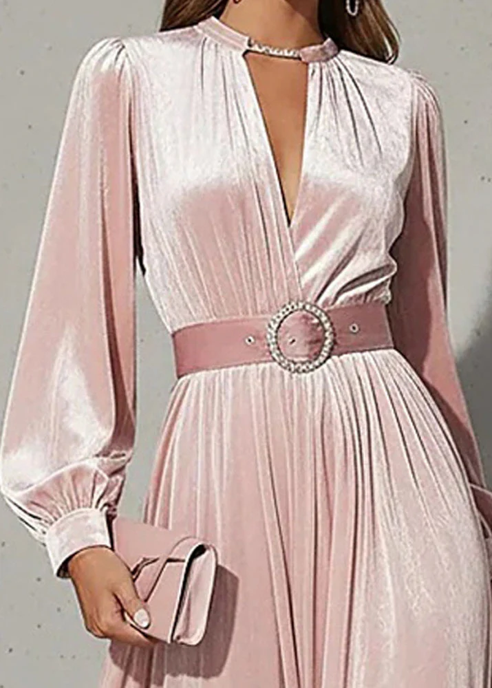Elegant Pink V Neck Patchwork Velvet Maxi Dress Fall - Image 3
