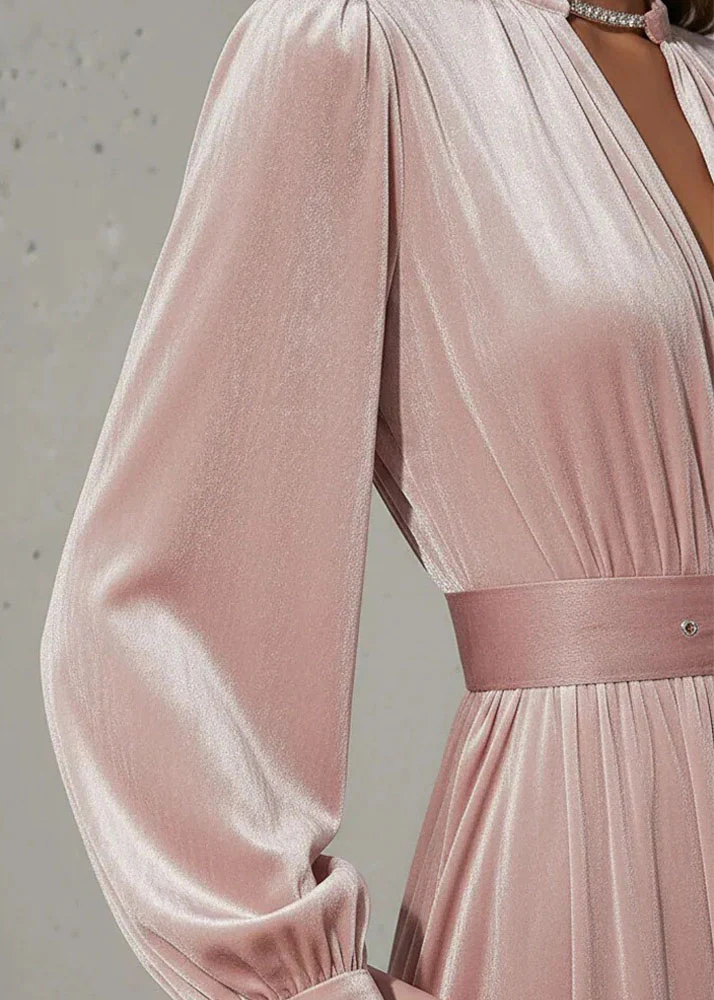 Elegant Pink V Neck Patchwork Velvet Maxi Dress Fall - Image 4