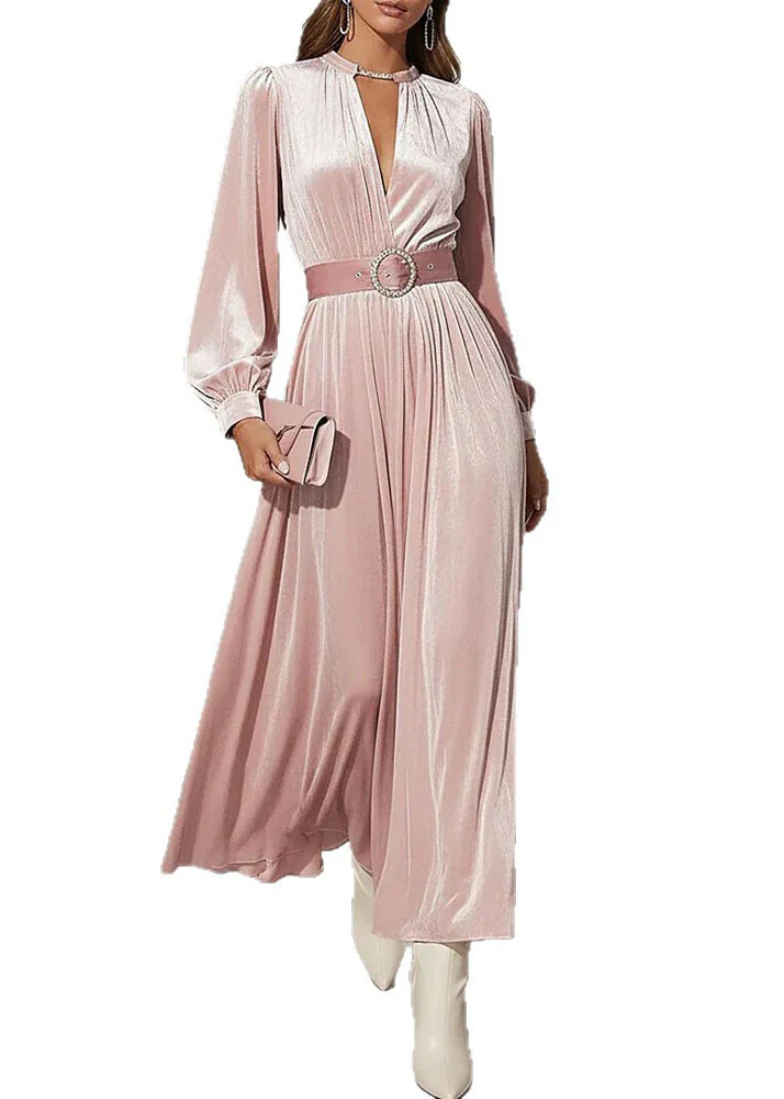 Elegant Pink V Neck Patchwork Velvet Maxi Dress Fall - Image 5