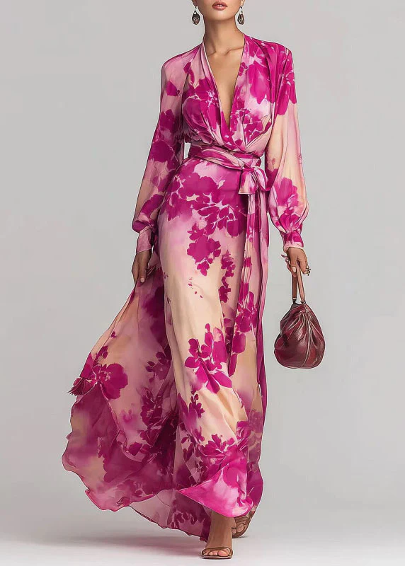 Elegant Pink V Neck Print Lace Up Chiffon Long Dress Fall