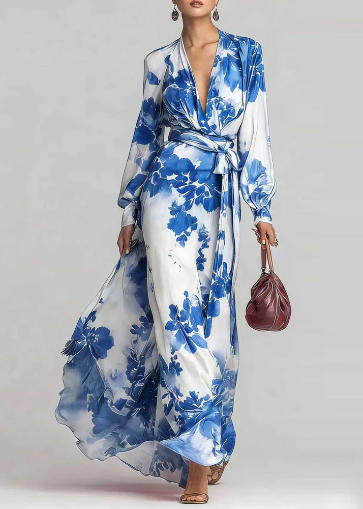 Elegant Pink V Neck Print Lace Up Chiffon Long Dress Fall - Image 2
