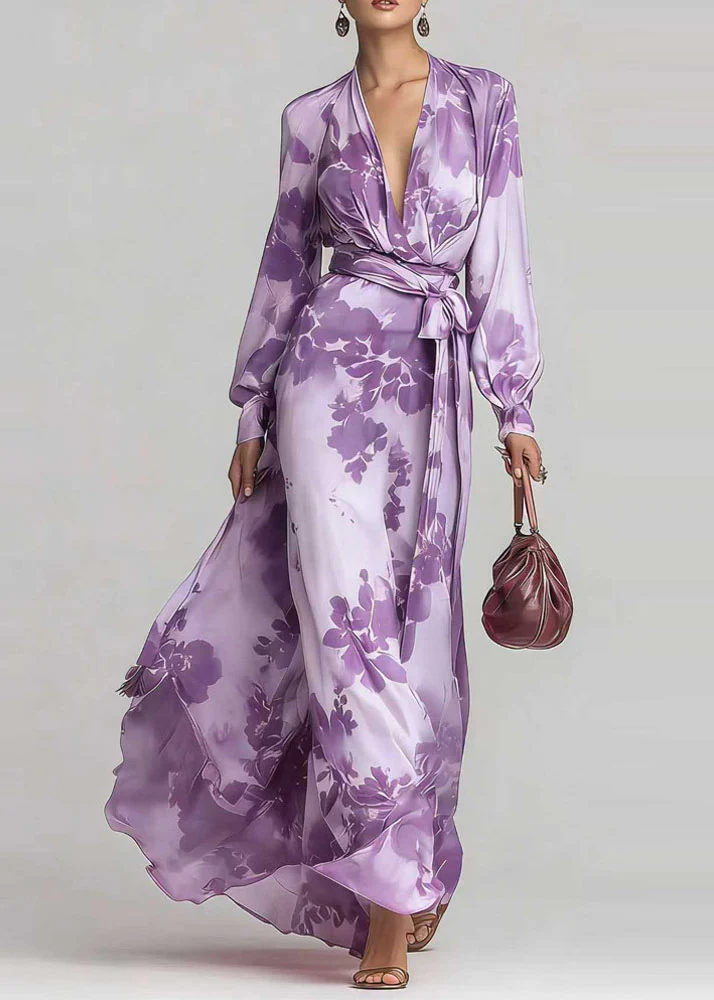 Elegant Pink V Neck Print Lace Up Chiffon Long Dress Fall - Image 3