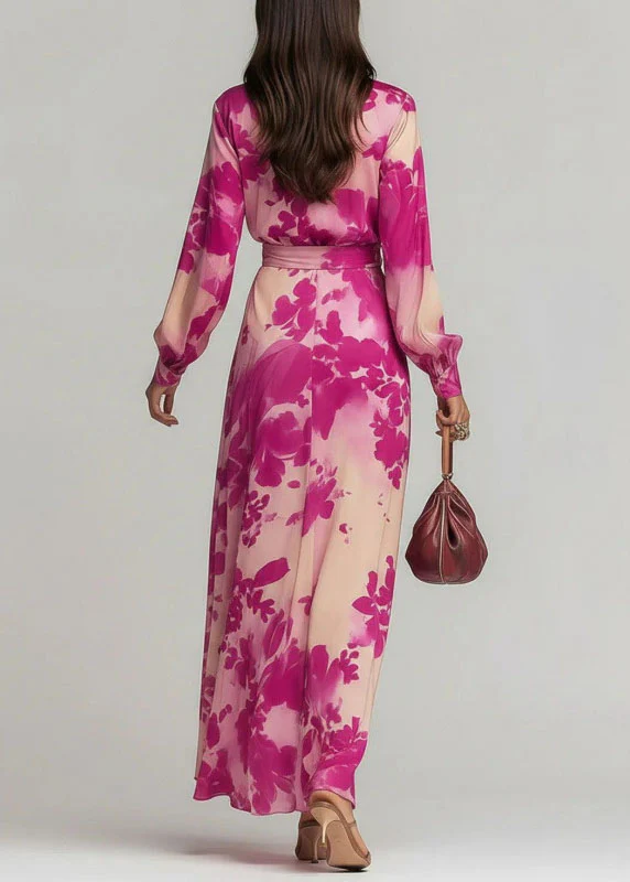 Elegant Pink V Neck Print Lace Up Chiffon Long Dress Fall - Image 4