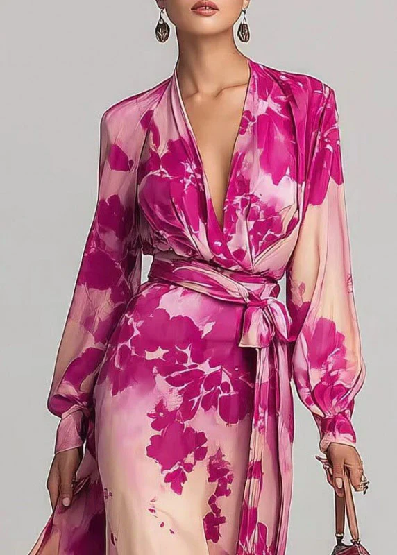 Elegant Pink V Neck Print Lace Up Chiffon Long Dress Fall - Image 5