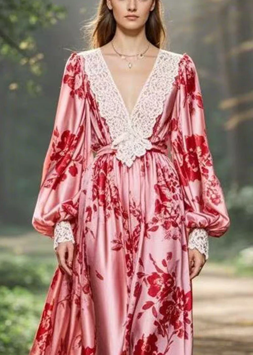 Elegant Pink V Neck Print Original Design Chiffon Long Dresses Spring - Image 2