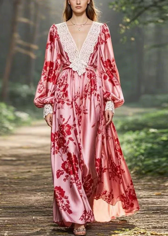 Elegant Pink V Neck Print Original Design Chiffon Long Dresses Spring - Image 3