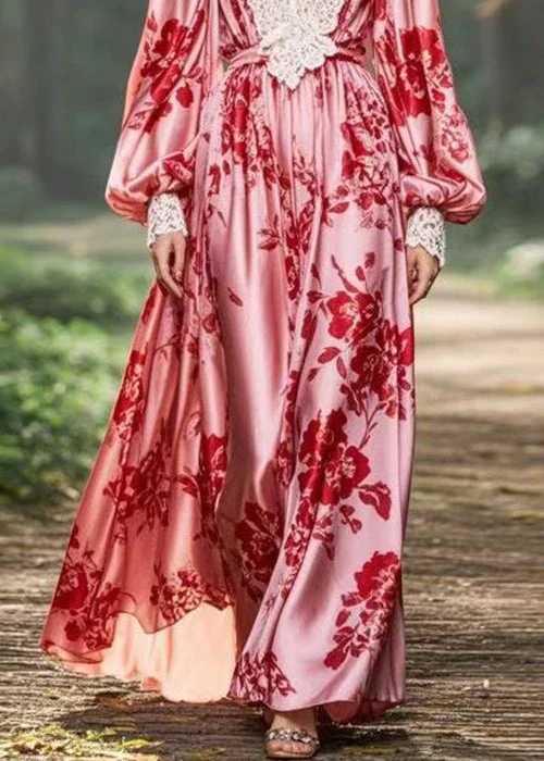 Elegant Pink V Neck Print Original Design Chiffon Long Dresses Spring - Image 4