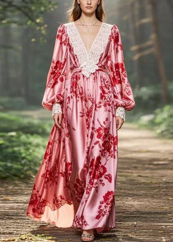 Elegant Pink V Neck Print Original Design Chiffon Long Dresses Spring - Image 5