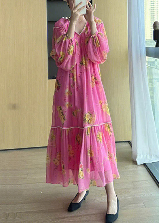 Elegant Pink V Neck Print Patchwork Chiffon Long Dresses Fall - Image 2