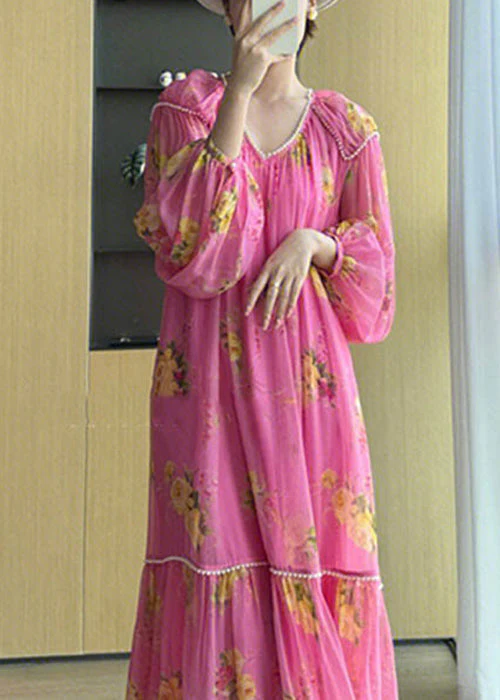Elegant Pink V Neck Print Patchwork Chiffon Long Dresses Fall - Image 3