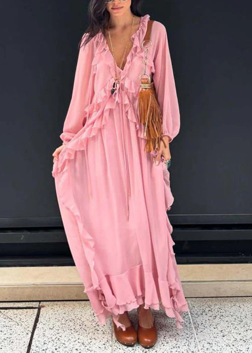 Elegant Pink V Neck Ruffled Chiffon Long Dress Fall - Image 2
