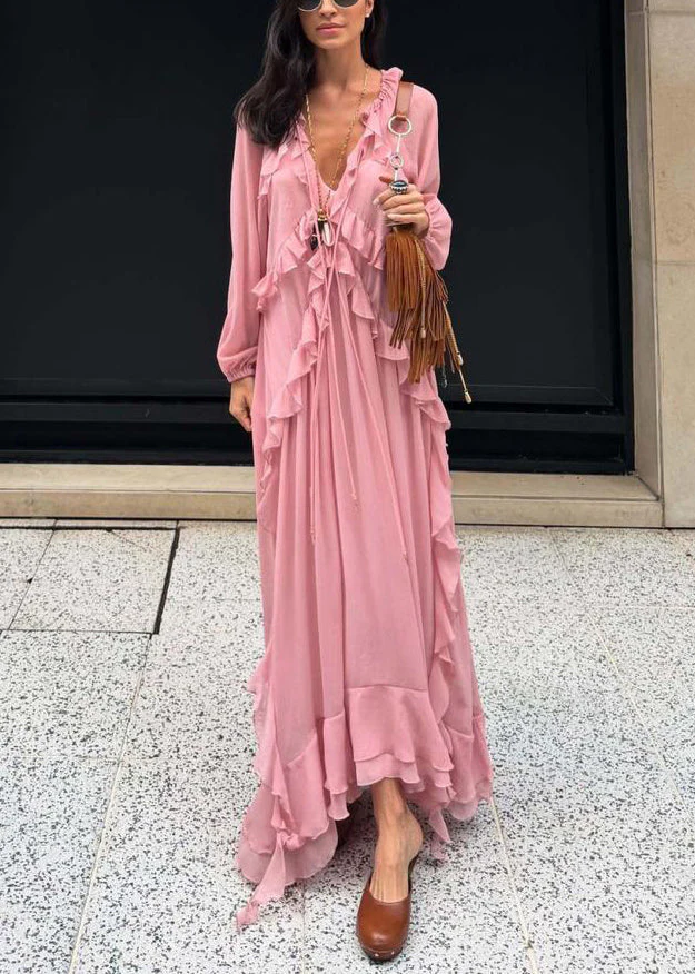 Elegant Pink V Neck Ruffled Chiffon Long Dress Fall - Image 3