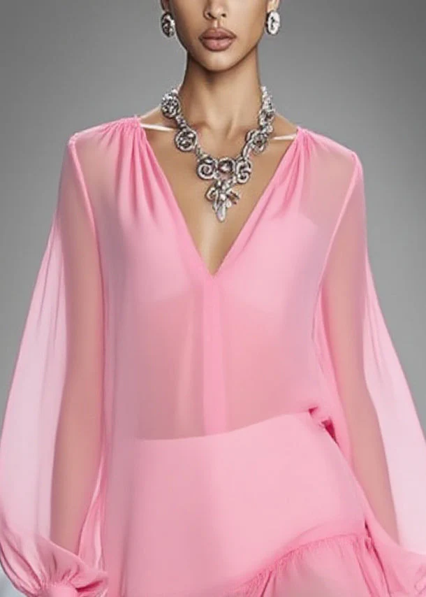 Elegant Pink V Neck Wrinkled Tulle Mid Dress Spring - Image 2