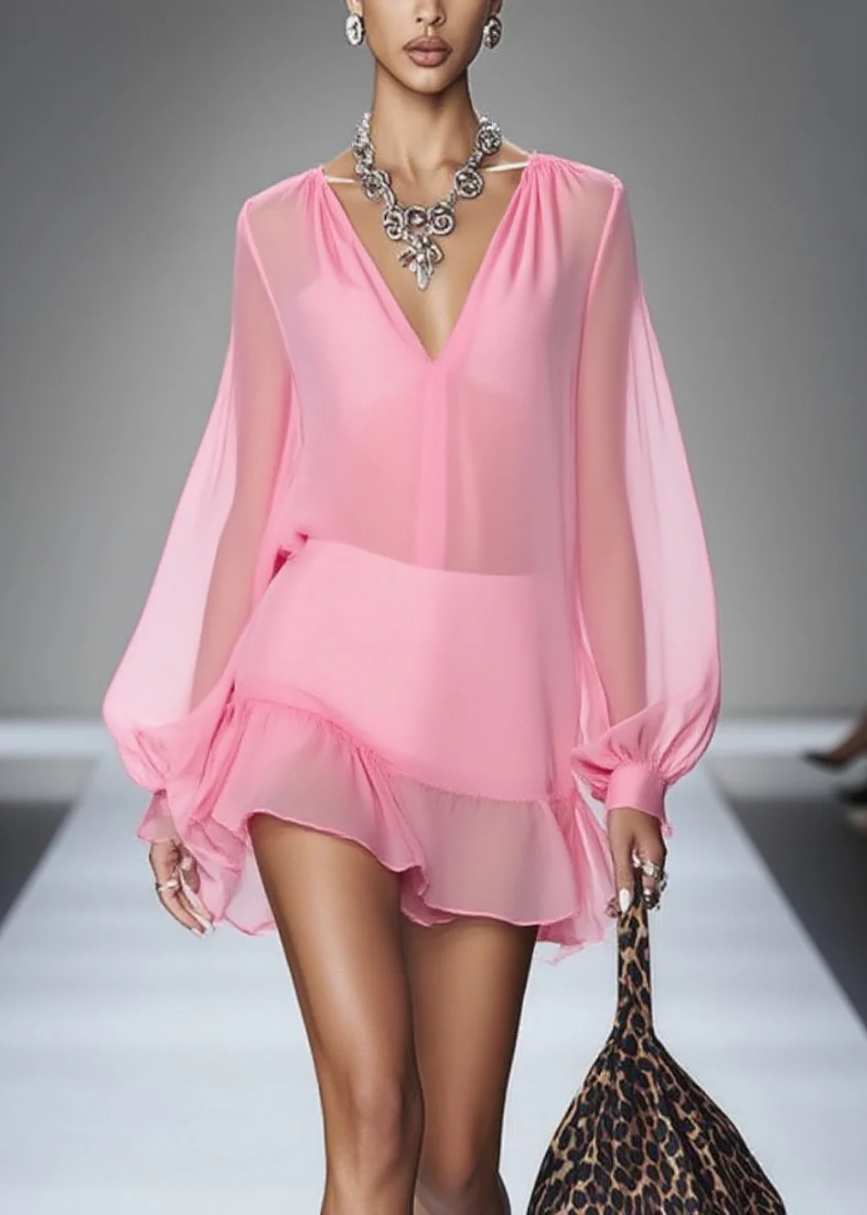 Elegant Pink V Neck Wrinkled Tulle Mid Dress Spring - Image 3
