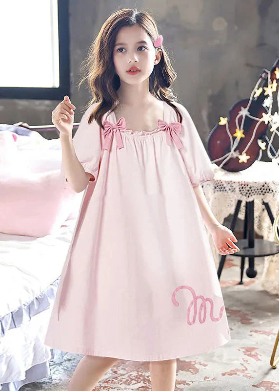 Elegant Pink Wrinkled Graphic Bow Cotton Girls Maxi Dress Short Sleeve - Image 2