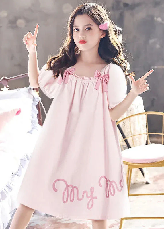 Elegant Pink Wrinkled Graphic Bow Cotton Girls Maxi Dress Short Sleeve - Image 3