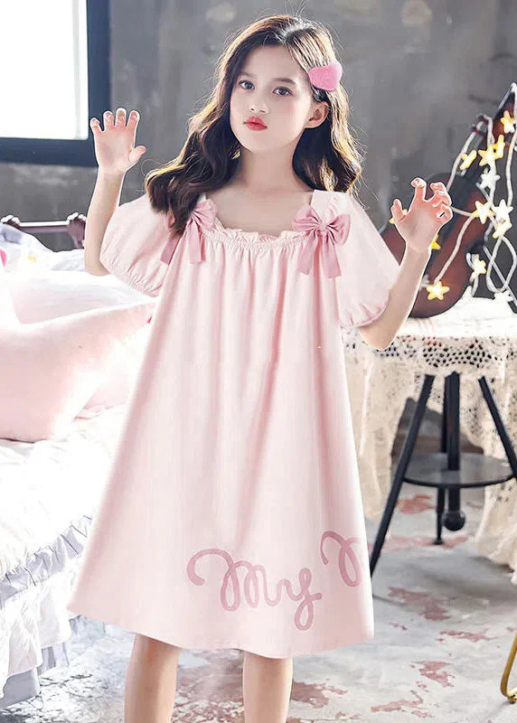 Elegant Pink Wrinkled Graphic Bow Cotton Girls Maxi Dress Short Sleeve - Image 4