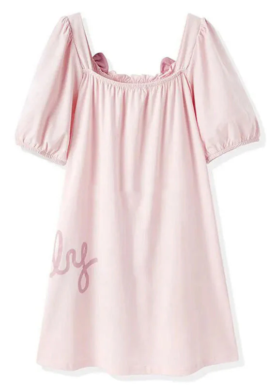 Elegant Pink Wrinkled Graphic Bow Cotton Girls Maxi Dress Short Sleeve - Image 5