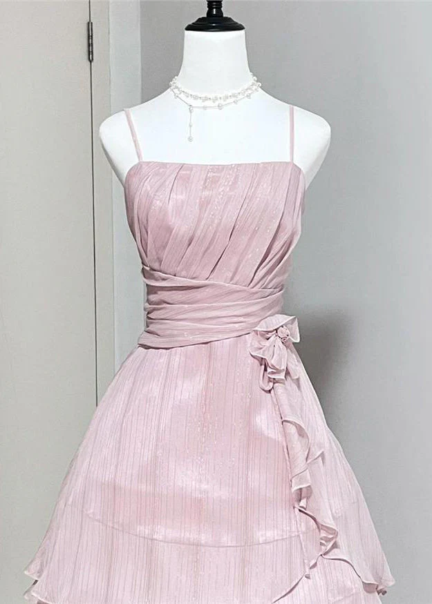Elegant Pink Wrinkled High Waist Silk Spaghetti Strap Dress Sleeveless - Image 4