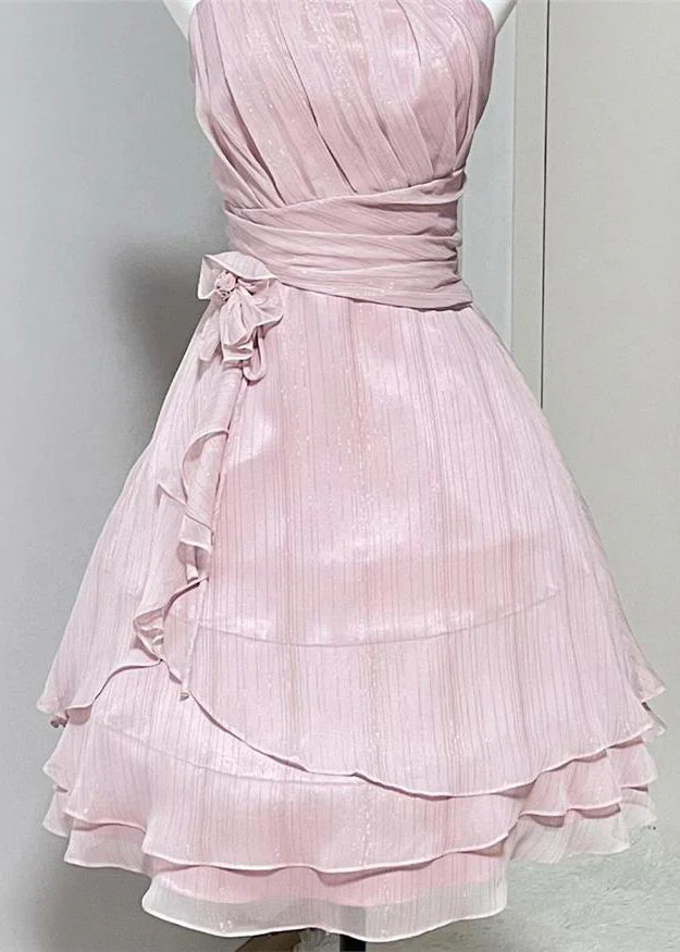 Elegant Pink Wrinkled High Waist Silk Spaghetti Strap Dress Sleeveless - Image 5