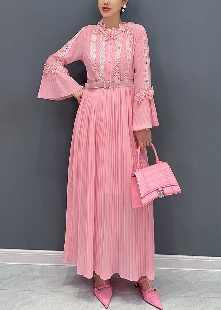 Elegant Pink Wrinkled Lace Patchwork Maxi Dress Flare Sleeve - Image 2