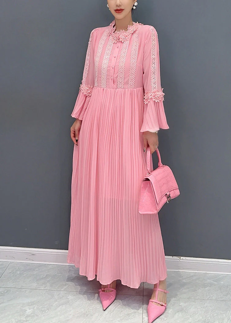 Elegant Pink Wrinkled Lace Patchwork Maxi Dress Flare Sleeve - Image 3