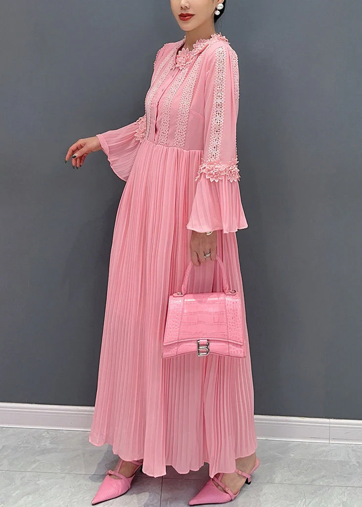 Elegant Pink Wrinkled Lace Patchwork Maxi Dress Flare Sleeve - Image 4