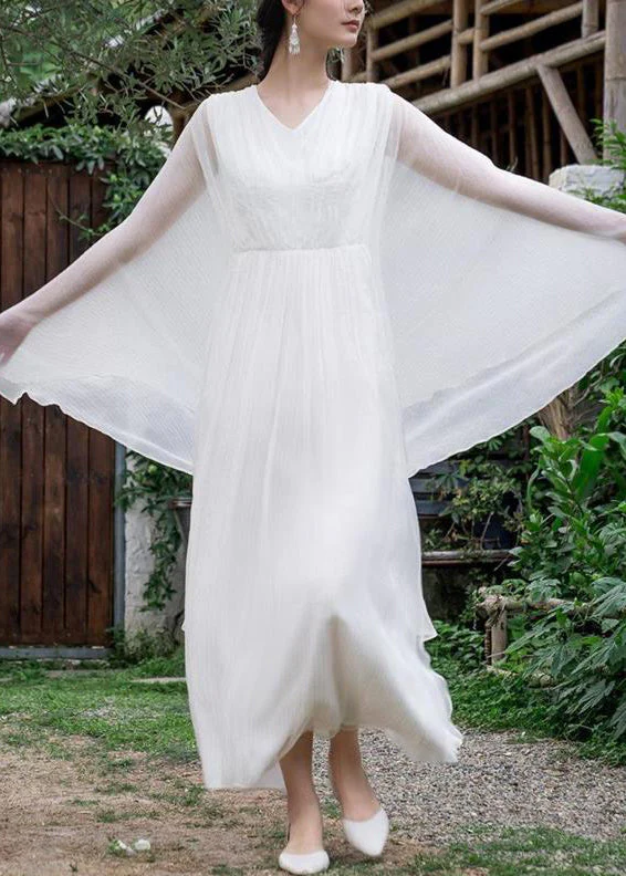 Elegant Pink Wrinkled Solid Silk Long Dress Batwing Sleeve - Image 2