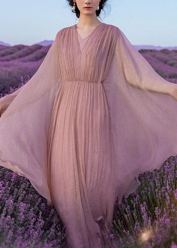 Elegant Pink Wrinkled Solid Silk Long Dress Batwing Sleeve - Image 3