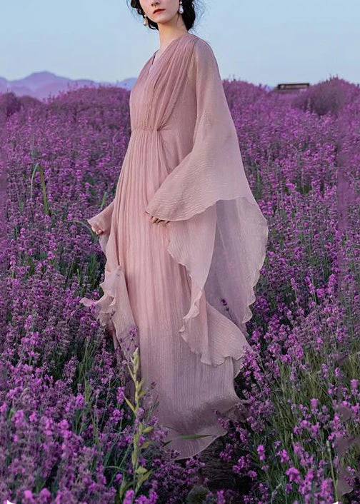 Elegant Pink Wrinkled Solid Silk Long Dress Batwing Sleeve - Image 4