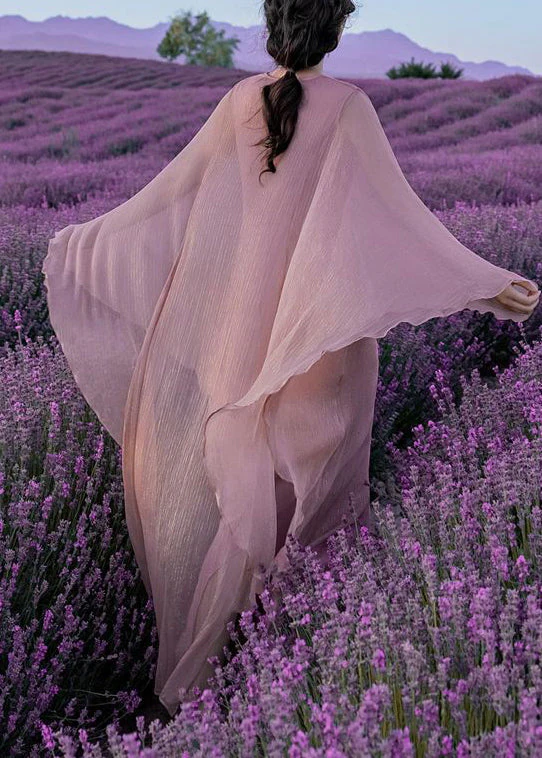 Elegant Pink Wrinkled Solid Silk Long Dress Batwing Sleeve - Image 5
