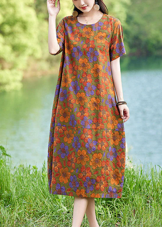 Elegant Polychrome Oversized Floral Linen Mid Dress Summer - Image 3