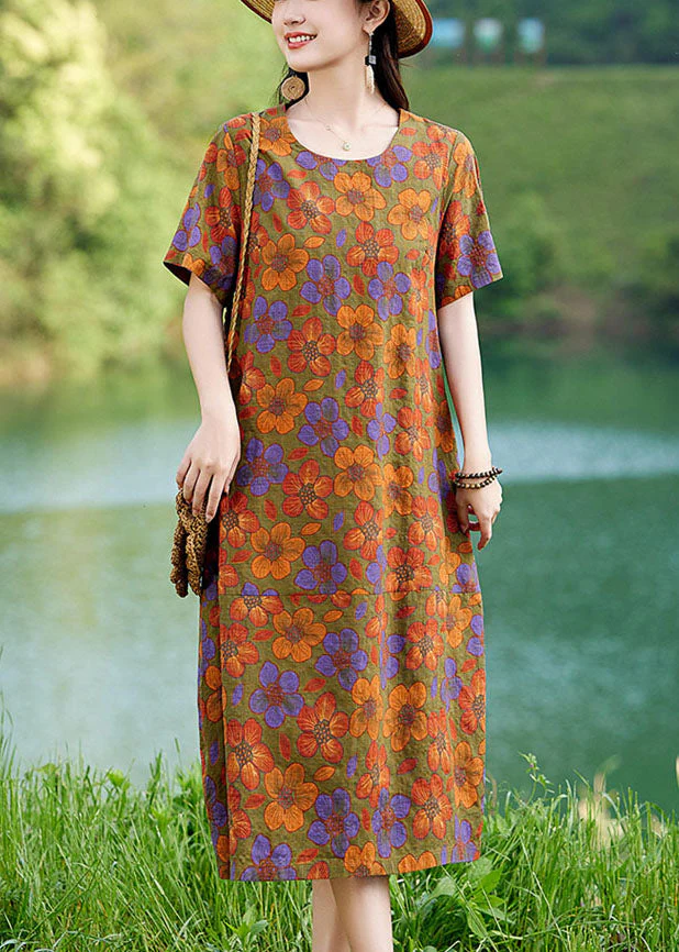 Elegant Polychrome Oversized Floral Linen Mid Dress Summer - Image 4