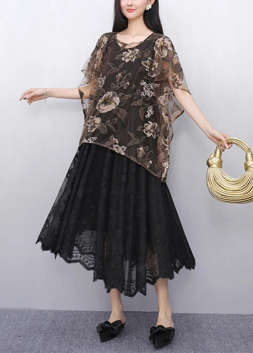 Elegant Print Chiffon Tops And Tulle Dress Two Pieces Set Summer - Image 3