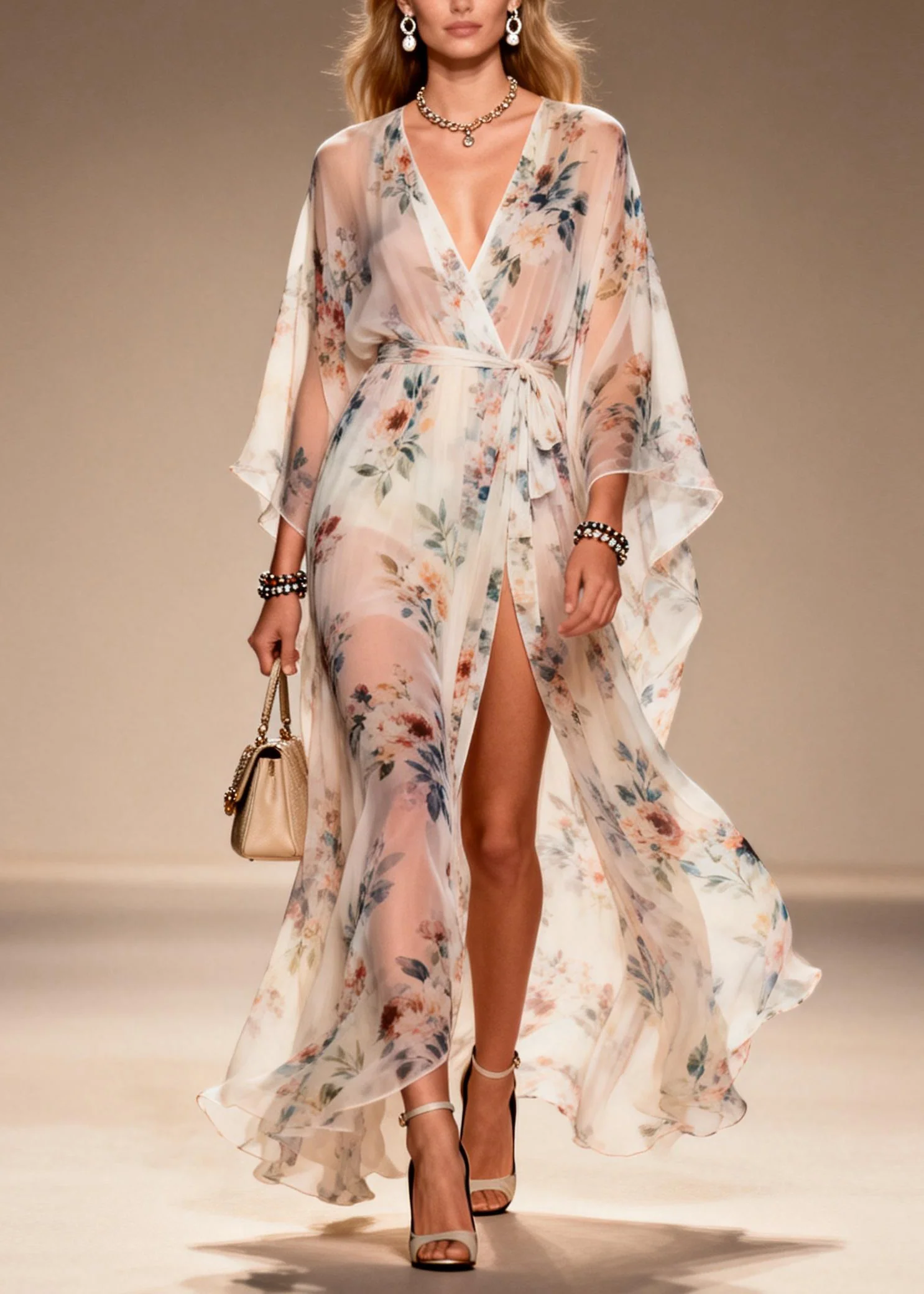 Elegant Print Side Open Lace Up Chiffon Dresses Summer - Image 5