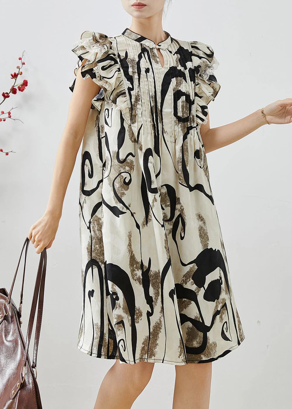 Elegant Print Wrinkled Chiffon Mid Dress Butterfly Sleeve - Image 2