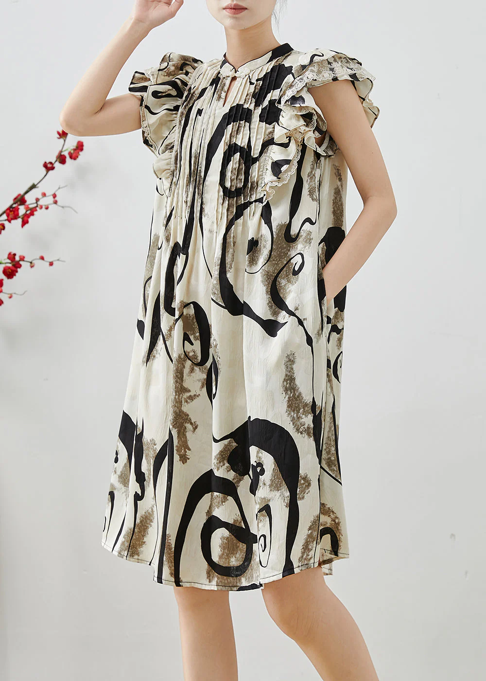 Elegant Print Wrinkled Chiffon Mid Dress Butterfly Sleeve - Image 3