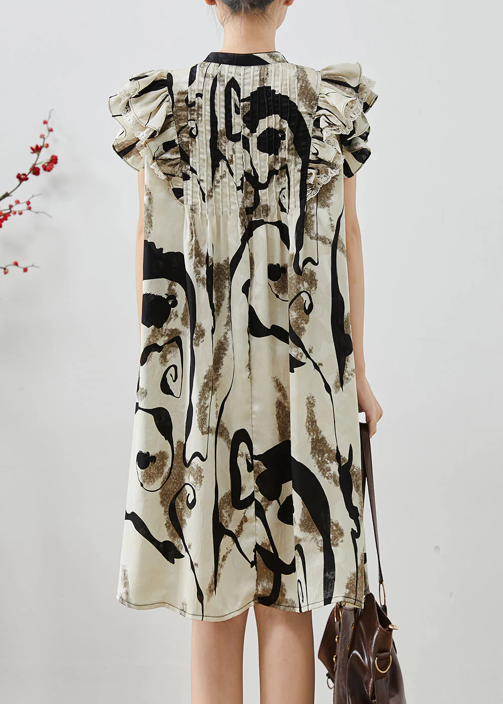 Elegant Print Wrinkled Chiffon Mid Dress Butterfly Sleeve - Image 4