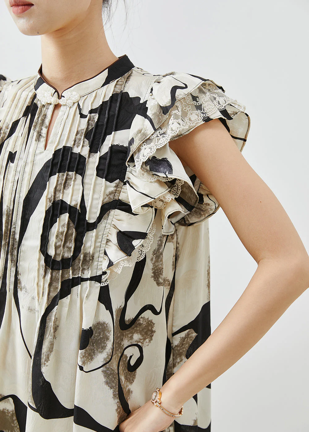 Elegant Print Wrinkled Chiffon Mid Dress Butterfly Sleeve - Image 5