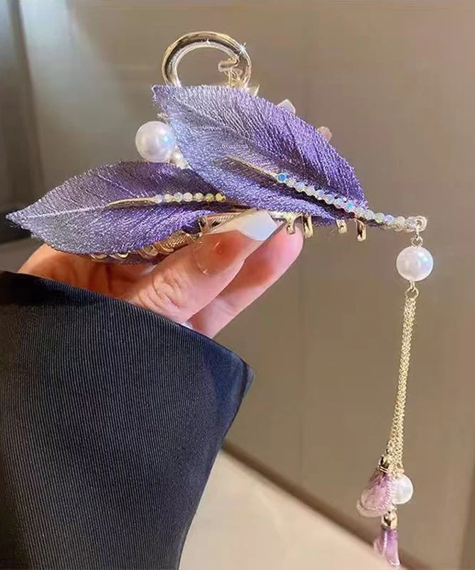 Elegant Purple Alloy Zircon Pearl Leaf Tassel Hairpin - Image 2