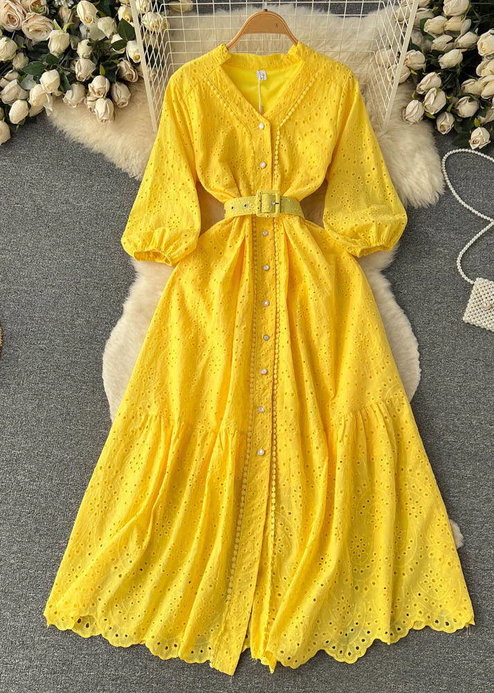 Elegant Purple Button Hollow Out Cotton Shirts Dress Long Sleeve - Image 2