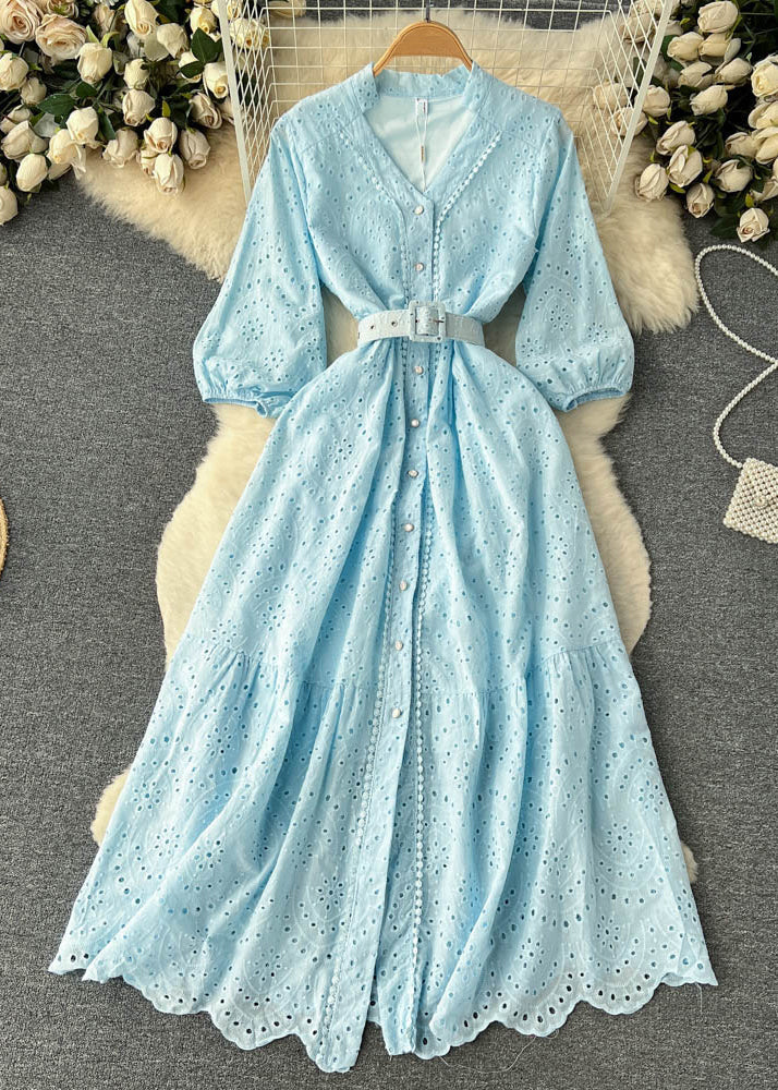 Elegant Purple Button Hollow Out Cotton Shirts Dress Long Sleeve - Image 3