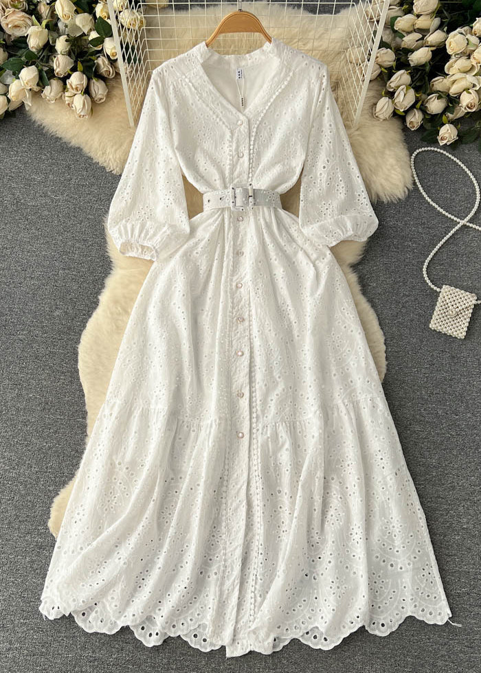 Elegant Purple Button Hollow Out Cotton Shirts Dress Long Sleeve - Image 4