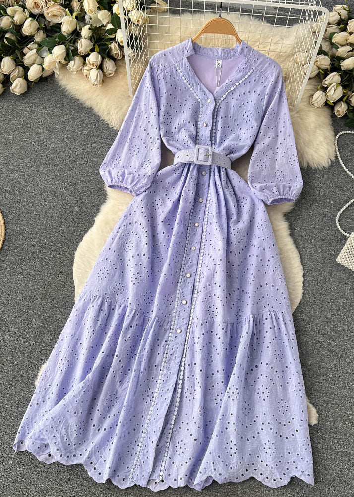 Elegant Purple Button Hollow Out Cotton Shirts Dress Long Sleeve - Image 5