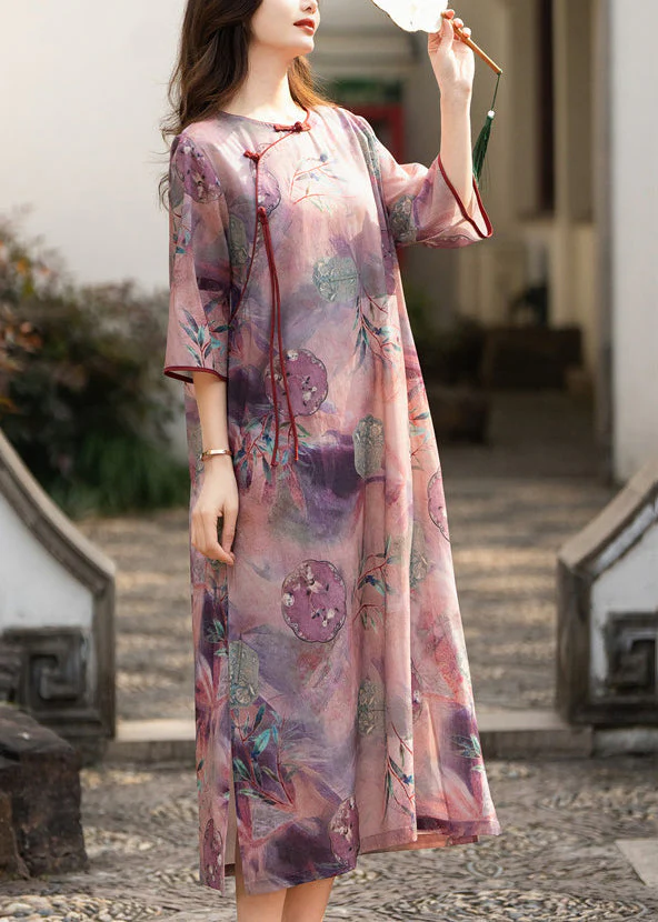 Elegant Purple Button Print Side Open Linen Dress Half Sleeve - Image 4