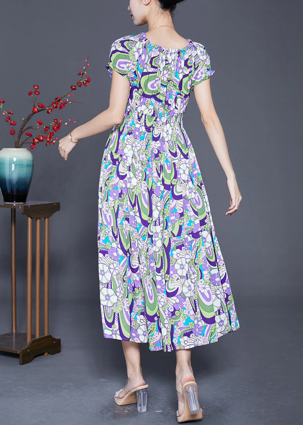 Elegant Purple Elastic Waist Print Cotton Beach Dress Summer - Image 4