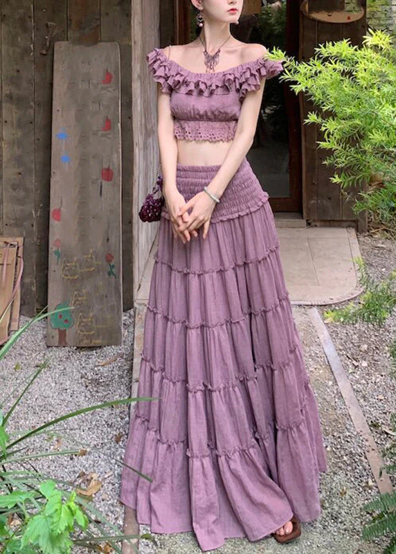 Elegant Purple Elastic Waist Top And A Line Skirts Two Pieces Set Summer - Image 2